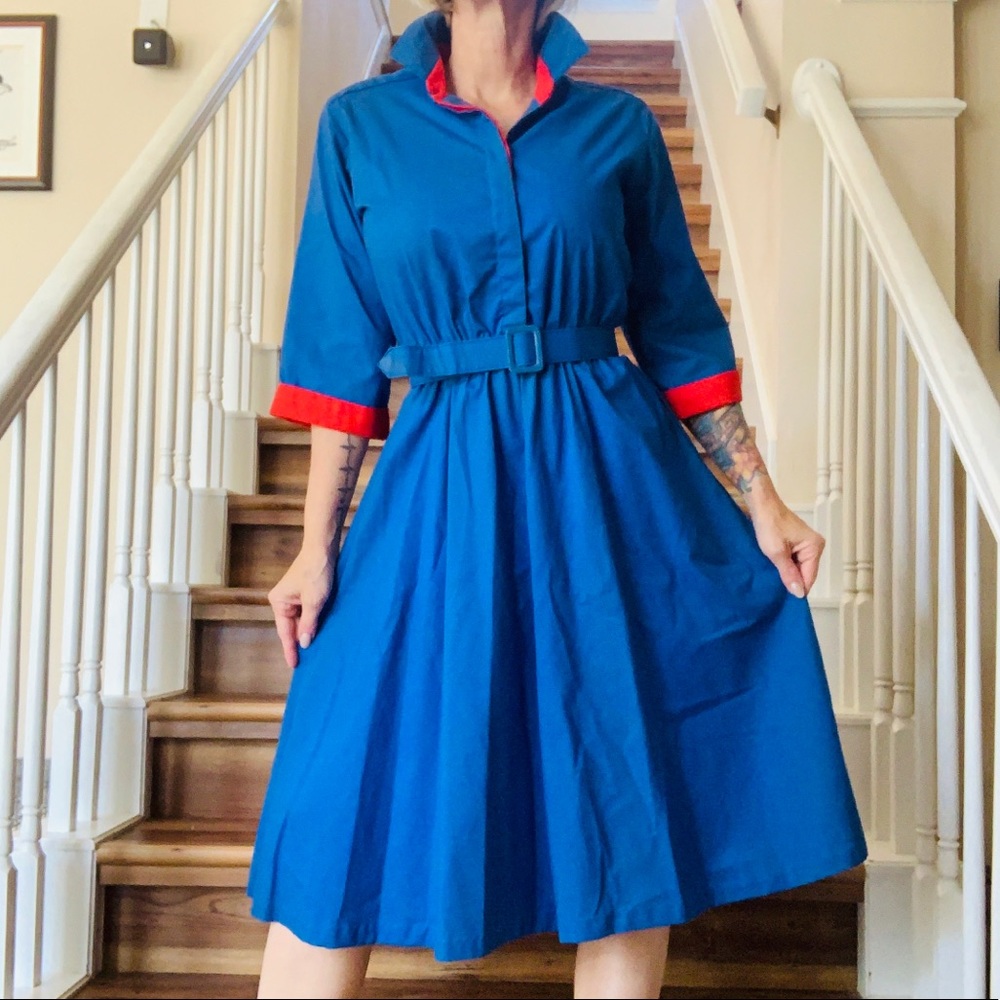 Vintage 70’s Fit & Flare Blue and Red Dress Sz M/L